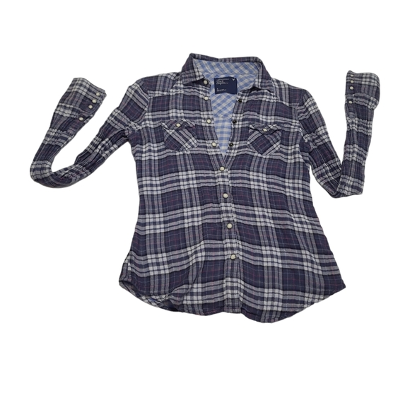 2 FOR💲1️⃣ American Eagle Blue/White Plaid 100% Cotton Snap Button-Down Sz 0 - Picture 8 of 12